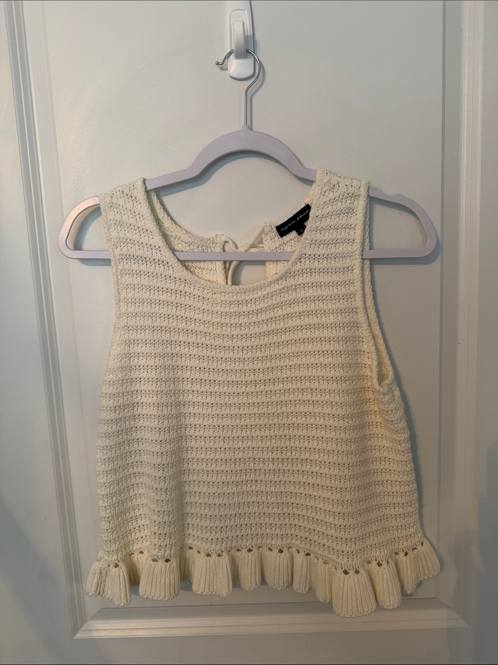 Cream Knit Ruffle-Hem Sleeveless Crop Top
